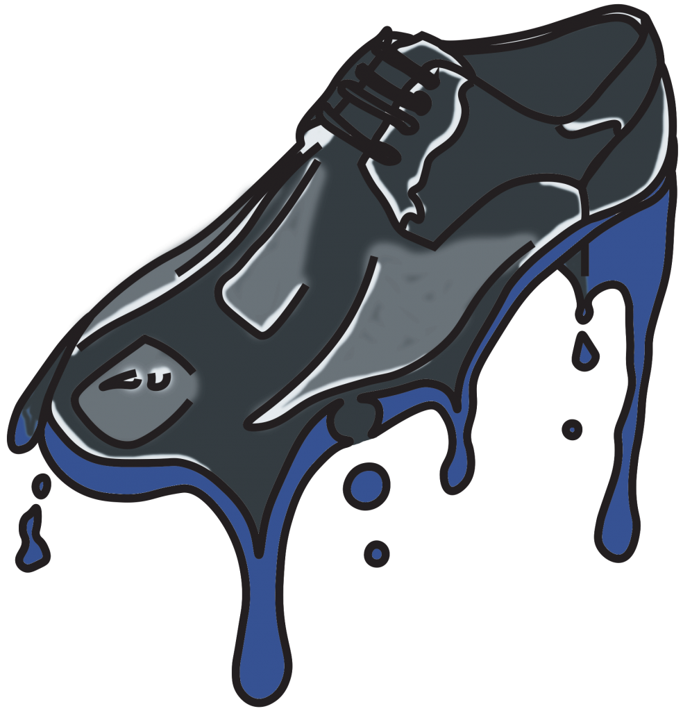 This is a cartoon image of a men's dress shoe with laces. There's thick looking dirty liquid dripping off of the shoe. 