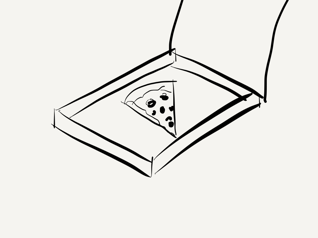 An artist's simple sketch of a single slice of pepperoni pizza in a pizza box