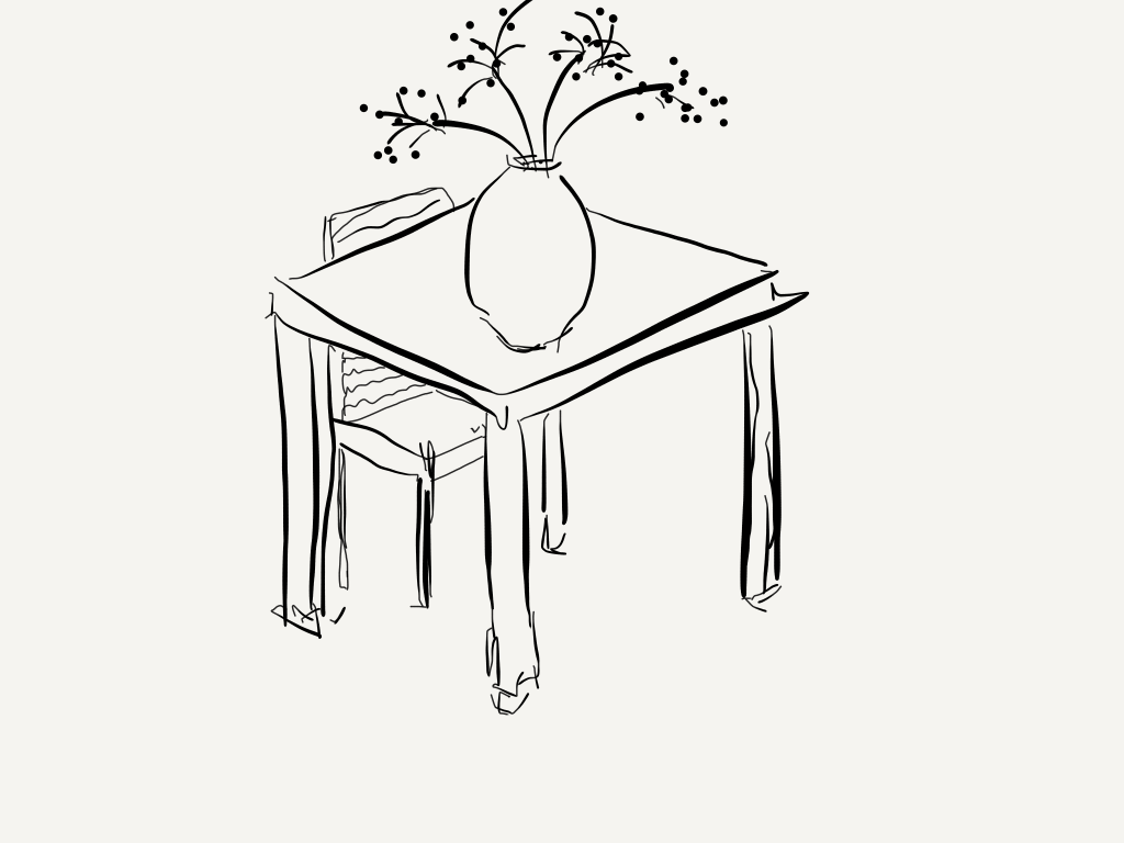 An artist's simple sketch of a small square table with a large vase on one corner, with a bouquet of 4 branches with round berries at the end of the branches. There is one lattice back chair pushed into up to the table. 