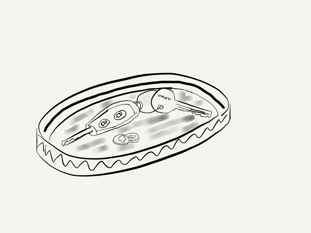 An artist's simple sketch of a flat small tray with a scalloped edge detail. Inside the tray are two coins and a set of keys. One key is a car key with two buttons on it and the other is a house key. There's a metal looking ring holding the two together