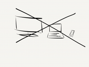 A very rudimentary sketch outline of computer screen, a laptop and a cell phone